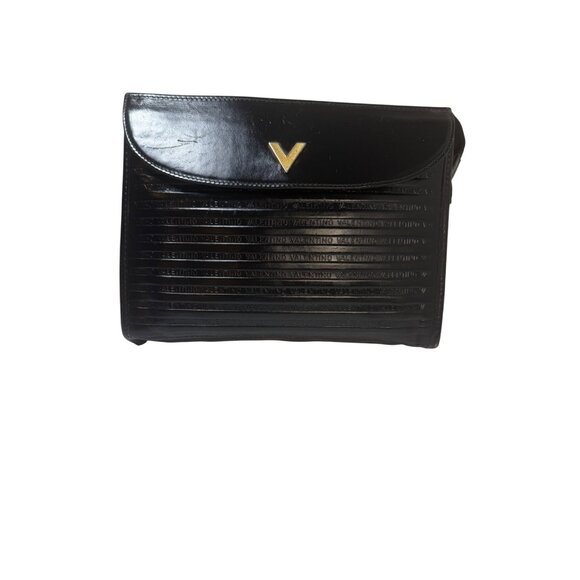 Authentic Vintage Valentino Black Leather Bag With Gold Logo Accent & Embossed D - Picture 1 of 13